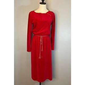 Vintage 1970s Red Plush Fleece Velour Long Sleeve Shirt Dress Rope Belt Small